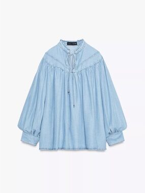 ZARA 100% lyocell Oversized Flowy Denim Blue Peasant Shirt